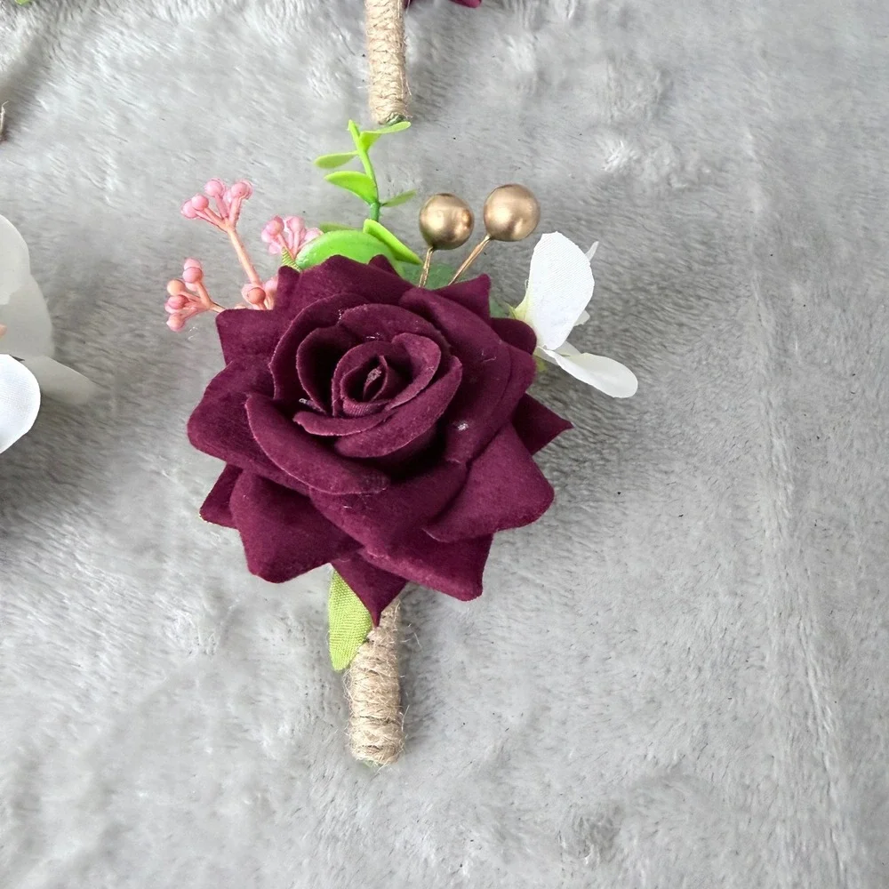 Boutonnière 6pc Burgundy Rose Gold Accents Rustic Wedding Formal Floral Groom